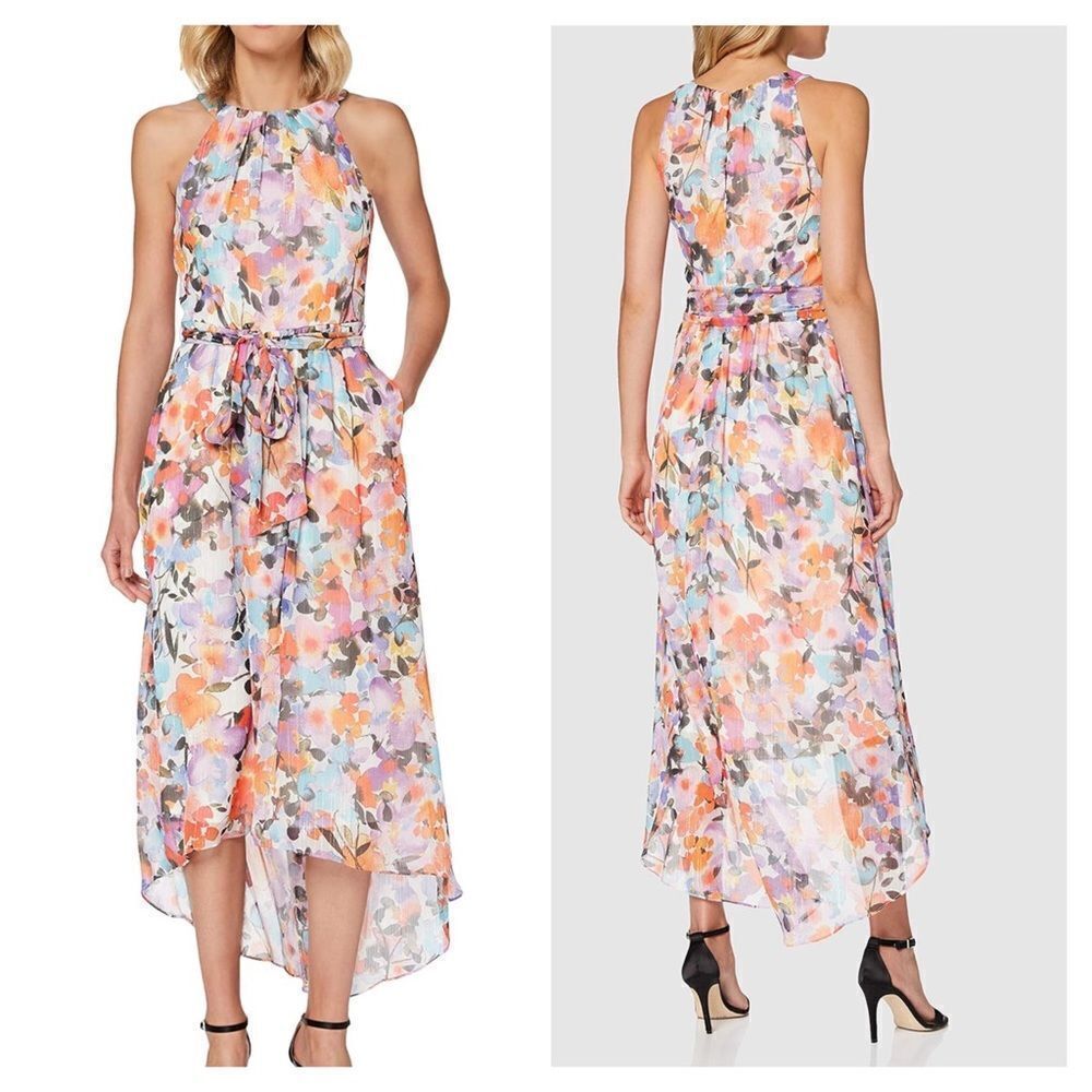 Ignite Evenings Halter Neck Floral High Low Maxi Dress Pink Purple Orange 16